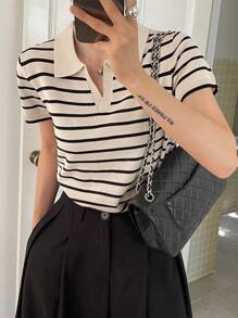 DAZY Damen gestreifter Polokragen Kurzarm Pullover