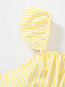 SHEIN Elladie kids 2件套年轻女孩度假休闲条纹吊带背心和碎花拼布A字裙 - 黃色 - 查看 4