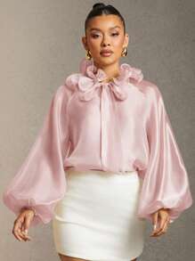 Hauture Elegant Solid Color Ruffle Collar Lantern Sleeve Blouse - Dusty Pink - View 5