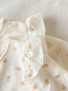Set da 3 pezzi di pigiama neonato morbido e confortevole con stampa floreale, maniche a raglan con volant, pantaloni lunghi e copertina, outfit per la casa - Albicocca - Visualizzare 4