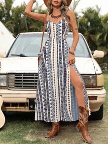 SHEIN VCAY Vestido largo con abertura frontal, con estampado geométrico recogido, estilo bohemio, para vacaciones