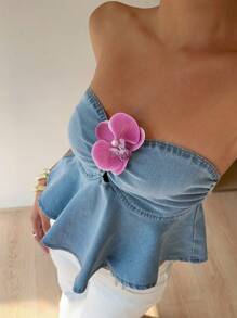 Aloruh Women's Summer 3D Floral Decor Fashion Ruffled Hem Bustier Denim Top , Peplum Top - Blue - View 7