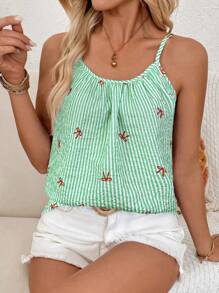 SHEIN LUNE Áo hai dây xếp ly in nơ sọc dành cho nữ - màu xanh lá - Xem 6