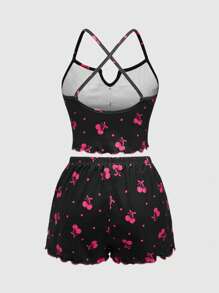 ROMWE 樱桃点交叉罩杯蝴蝶结吊带背心和短裤睡衣套装，休闲家居服 - 黑色 - 查看 2