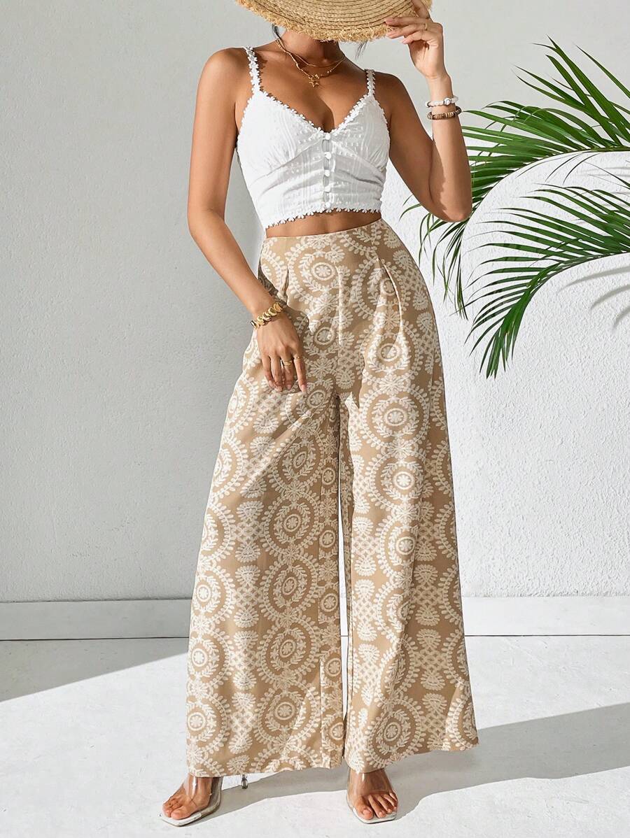 SHEIN PETITE 女式复古满版印花百褶宽松休闲裤