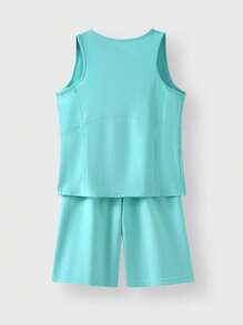 JNSQ Back To School Tween Girl Outdoor Sports Vest & Shorts Set, Children Round Neck 4-Needle 6-Thread Boneless Stitching Embroidered Vest & Shorts Set - Blue - View 6