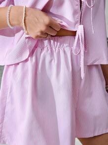 SHEIN VCAY 2pcs Plus Size Striped Puff Sleeve Tie Blouse And Casual Shorts SetSummer Outfits For Women