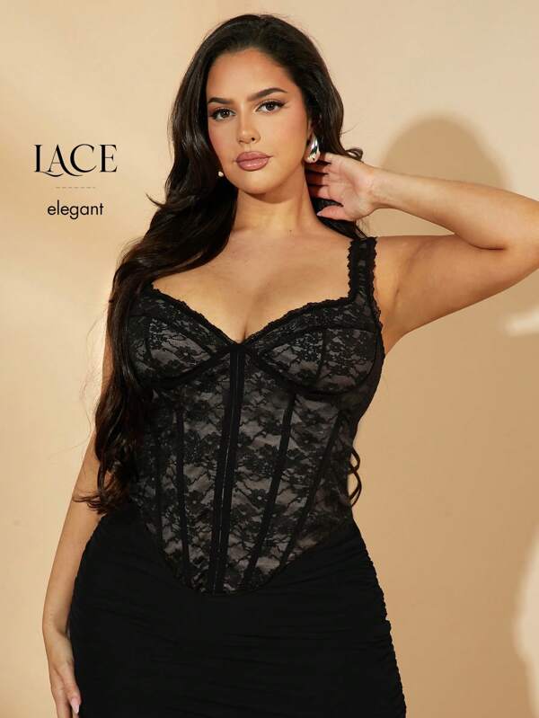 SHEIN BAE Camiseta/top corto/top ajustado/top de tirantes/top corto de verano/top de corsé/atuendos de festival de música/bohemio/ropa de verano, graduación para mujer talla grande de encaje negro