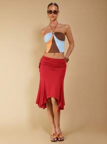 COSMINA Falda asimétrica fruncida elegante color marrón para resort, primavera/verano para mujer - Rojo - Ver 4