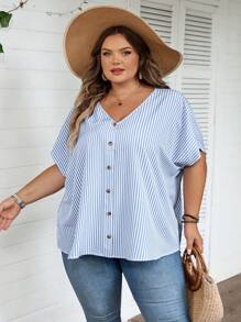 SHEIN CURVE+ Plus Size Striped Print V-Neck Front Button Casual Short Sleeve Shirt Summer/Country/Beach Vacation/Beach Wear - Blue and White - View 5