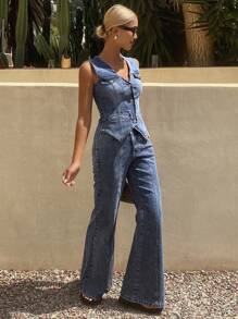 DAZY 西式做旧 V 领背心和喇叭牛仔裤女款两件套