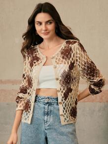 Anewsta 女士优雅度假圆领长袖镂空撞色钩针针织罩衫，适合春季、夏季、节日、毕业典礼 - 杏色 - 查看 5