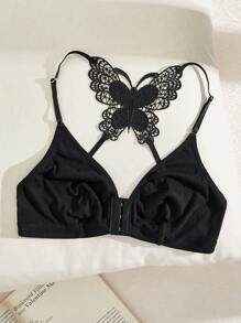 SHEIN Casual Ribbed Solid Unlined Front Button Hollow Back Bowknot Decor Seamless Wireless Bra For Women - Black - View 8
