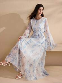 Graceveil 女式圆领长袖花卉印花腰带连衣裙，阿拉伯风格 - 彩色 - 查看 3