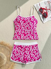 Swim Mod 2件套女士海滩度假花卉印花吊带针织泳衣套装 - 粉色 - 查看 7