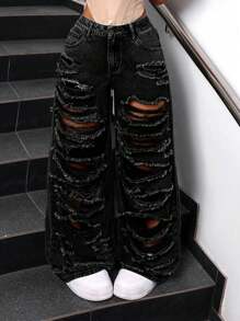 SHEIN ICON 女式简约时尚休闲日常牛仔裤 - 黑色 - 查看 5