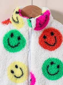 年轻女孩彩色花朵图案立领长袖拉链高领保暖泰迪夹克，羊毛开衫，温暖舒适，非常适合秋冬季休闲日常穿着和上学日常穿着，适合圣诞节 - 白色 - 查看 3