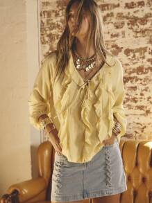 Aralina Ruffled V-Neck Long Sleeve Front Tie Blouse - Yellow - View 1