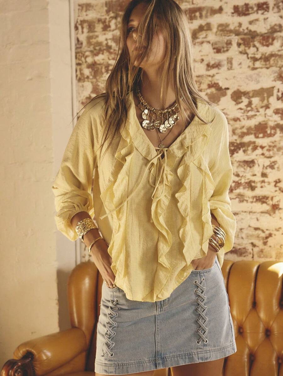 Aralina Ruffled V-Neck Long Sleeve Front Tie Blouse - Yellow - View 1