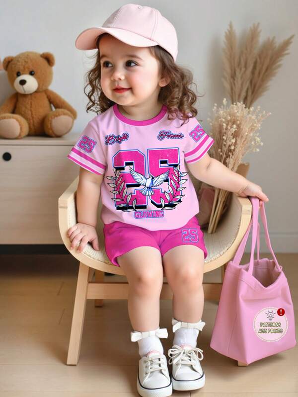 SHEIN Baby Girl Casual Minimalist Graphic Number 25 & Print, College Sport Stylish, Round Neck Short Sleeve T-Shirt And Leggings Set, Suitable For Spring Summer