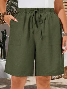 EMERY ROSE Bermudas de verano de unicolor para mujer talla grande, unicolor, con bolsillos laterales, sueltas, hasta la rodilla, cintura media, estilo básico de moda - Verde militar - Ver 7