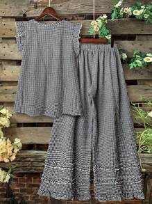 Linhara Plus Size Women's Round Neck Plaid Cap Sleeve Shirt And Elastic Waist Wide Leg Pants Two Pieces Casual Outfit, For Spring Summer