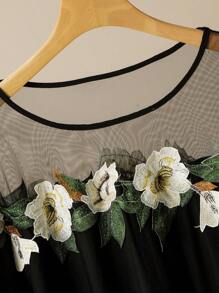 Modelyn Bộ 2 món: Áo cánh tay 3/4 họa tiết hoa trơn màu thoải mái & Quần ống rộng cạp chun, cỡ lớn, mùa xuân và mùa hè - màu đen - Xem 6