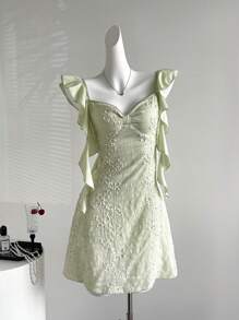 Sweetra Floral Embroidery Ruffled Strap Vacation Style A-Line Short Dress For Ladies, Green - Green - View 1
