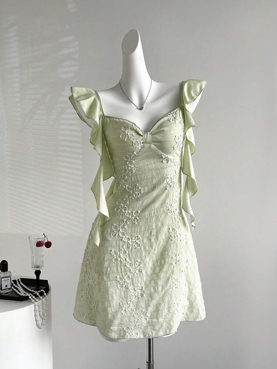 Sweetra Floral Embroidery Ruffled Strap Vacation Style A-Line Short Dress For Ladies, Green - Green - View 1