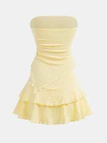 Girlism Teen Girls Resort Style Mustard Yellow Textured Tube Top With Front TwistGathered Waist Irregular Hem And Ruffled Skirt Two Pieces Suit. Suitable For Afternoon Tea, Streetwear, Vacation, Layering Or Party Wear, Autumn/Winter/Cute/Vacation