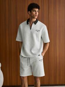 SWAVVY 2 件男士针织休闲日常年轻宽松短袖 Polo 衫和松紧腰直筒短裤套装，学校 - 灰色 - 查看 1