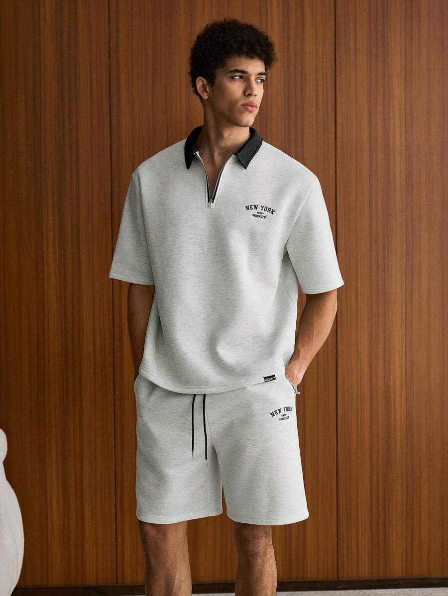 SWAVVY 2 件男士针织休闲日常年轻宽松短袖 Polo 衫和松紧腰直筒短裤套装，学校 - 灰色 - 查看 1