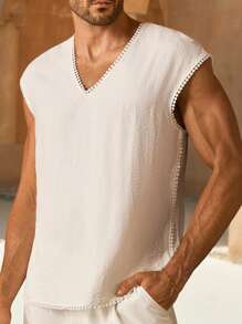 GENTILAND Men's V-Neck Pom Pom Trim Textured White Top - Lightweight, Bohemian Resort & Beach Essential! Men's Casual V-Neck Comfortable Tank Top, Suitable For Party, Beach, Daily. Men's Top, White V-Neck Top Men, Summer Breathable Tank Top Men, Textured Fabric Top Men, Pom Pom Trim Top Men, Ball Fringe V-Neck Top Men, Resort Wear Men's Top, Beach Style Sleeveless Shirt Men, Bohemian Style Men's Top, Lightweight Men's Top, SS25 New Men's Top, Men's Casual Sleeveless T-Shirt, White Linen-Look Top - White - View 1