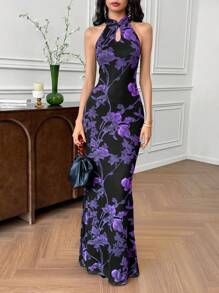 EastFlair Women's Sleeveless Hollow Out Stand Collar Elegant Full Print Dress Women Dresses Birthday Women Casual Dress Women Birthday Women Clothes Women Plus Clothing Formal, Bohemian Clothes, Bodycon Dress/Summer/Wedding Guest Dress/Party/Chinese Style Dress Qipao Dress Asian Dress/Flower - Multicolor - View 3