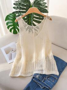 CosyJoli 大码女式镂空针织无袖背心，时尚休闲宽松度假装，2025 年新款系列 - 米色 - 查看 4