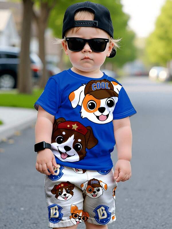 SHEIN CACHORROS, Conjunto de 2 piezas para niños, camiseta de manga corta de cuello redondo y minimalista + pantalones cortos, adecuado para el verano