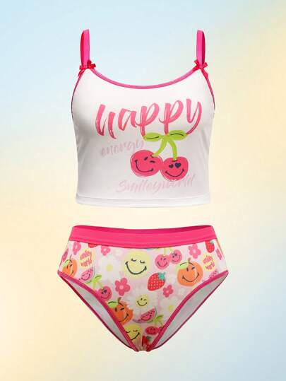 SmileyWorld® | SHEIN Bộ đồ lót 2 mảnh in họa tiết quả anh đào hoạt hình cỡ lớn cho nữ, trang phục hai mảnh cho nữ, Kawaii