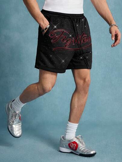 Street Life Men's Drawstring Waist Pockets Embroidered Diamond Sparkling Shorts