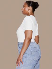 MUSERA Plus Size Fitted Stretchy Short Sleeve Bodysuit, Holiday, Elegant, Casual - White - View 4