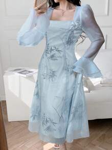 Modelyn 女士优雅竹子印花长款喇叭袖连衣裙 - 藍色 - 查看 4