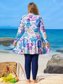 Swim Shayni Plus Size Women's 2 Pieces Modest Swimsuit With Long Sleeve And Pants, Middle Eastern Muslim Style, Ocean Shell Digital Print, Front Zipper Design, For Beach Party And Vacation For Summer