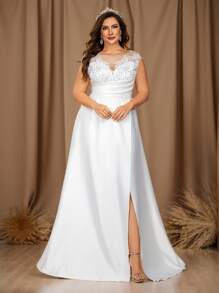 Glamrae Abito da sposa elegante e lussuoso con scollo a cuore, spalle aperte, arricciature, jacquard in raso, vita alta, taglio a trapezio e strascico, taglia grande