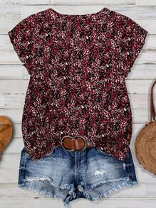 Linhara Cămașă de damă mărime mare, cu imprimeu floral și guler rotund, lejer, mânecă scurtă, ținută de vacanță