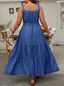 SHEIN Clasi Váy yếm thường ngày cỡ lớn, hiệu ứng denim giả có nút trang trí - Màu xanh lam - Xem 2