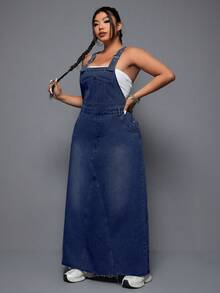 SHEIN ICON Plus Size Solid Color Backless Casual Sleeveless Denim Dress For Summer Plus Size Denim Overalls - Dark Wash - View 4