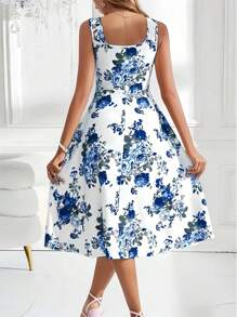 SHEIN VCAY 女式蓝色花卉印花无袖A字连衣裙