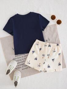 Cozy Pixies 2pcs Baby Boy Coconut Tree Pattern Knitted Soft Round Neck Short Sleeve Top And Elastic Waist Shorts Set