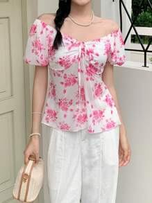 SHEIN LUNE Off-Shoulder Sheer Mesh Puff Sleeve Allover Print Summer Blouse - Hot Pink - View 3