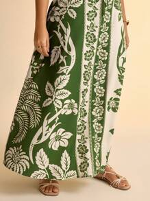 CAJUNI Women Vacation Tropical Boho Flower And Coconut Tree Print Spaghetti Strap Lace Up Casual Beach Summer Maxi Dress