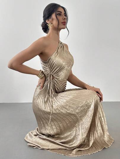 Firerie Ladies New Style Gold Pleated/Pleated Asymmetrical Hem Dress, Gold One Shoulder Strap Dress, Wedding Party Bridesmaid Dress, Suitable For Beach Vacation, Garden Party, Romantic Wedding Season, Bridesmaid, Outdoor Activities/Summer Outfits/Graduation Dress/Holiday Outfits/Parties,Party Dresses For Women